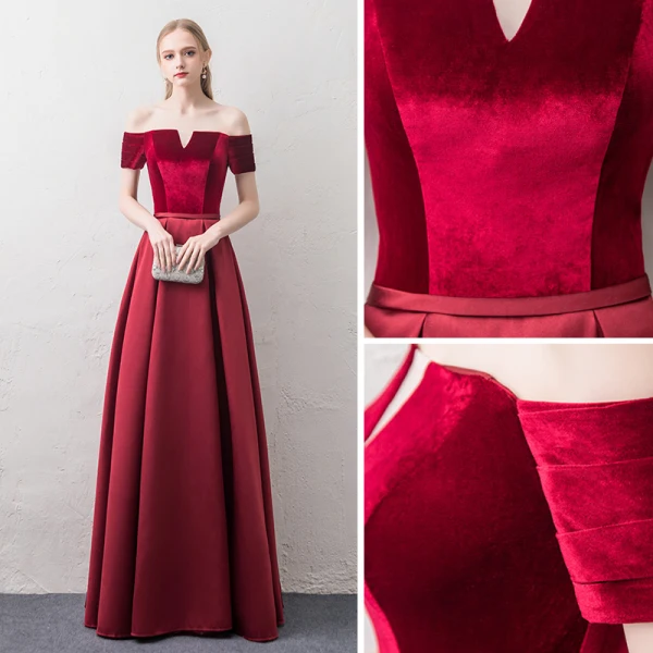 Affordable Burgundy Evening Dresses 2018 A-Line / Princess Off-The-Shoulder Short Sleeve Sash Floor-Length / Long Ruffle Backless Formal Dresses