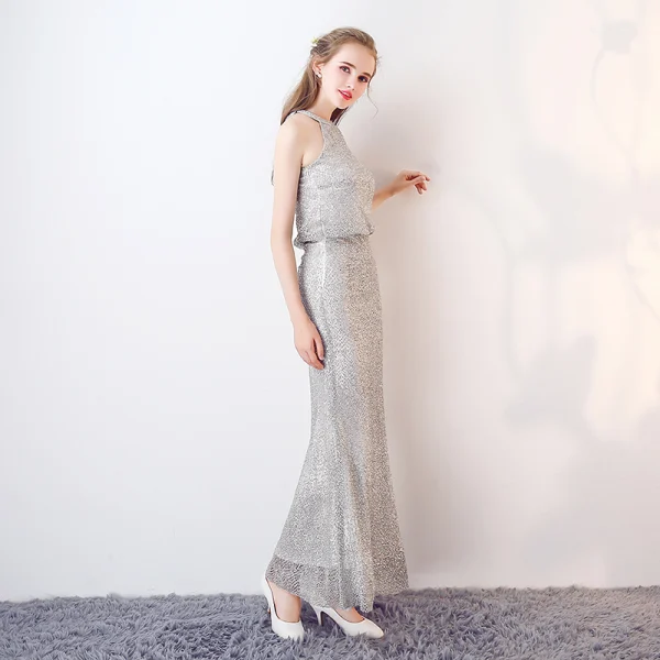 Sparkly Silver Evening Dresses 2017 Trumpet / Mermaid Glitter Polyester Strapless Sleeveless Ankle Length Formal Dresses
