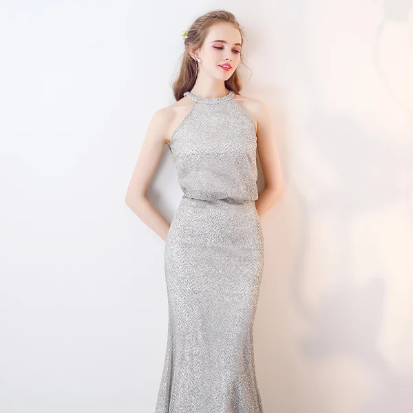 Sparkly Silver Evening Dresses 2017 Trumpet / Mermaid Glitter Polyester Strapless Sleeveless Ankle Length Formal Dresses
