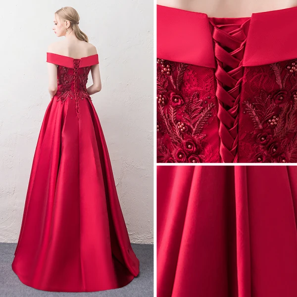 Schöne Burgunderrot Abendkleider 2018 A Linie Off Shoulder Kurze Ärmel Applikationen Mit Spitze Perle Strass Sweep / Pinsel Zug Rüschen Rückenfreies Festliche Kleider