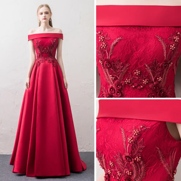Schöne Burgunderrot Abendkleider 2018 A Linie Off Shoulder Kurze Ärmel Applikationen Mit Spitze Perle Strass Sweep / Pinsel Zug Rüschen Rückenfreies Festliche Kleider