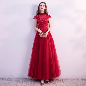 Style Chinois Rouge Transparentes Robe De Bal 2018 Princesse Col Haut Mancherons Glitter Perlage Longueur Cheville Volants Dos Nu Robe De Ceremonie