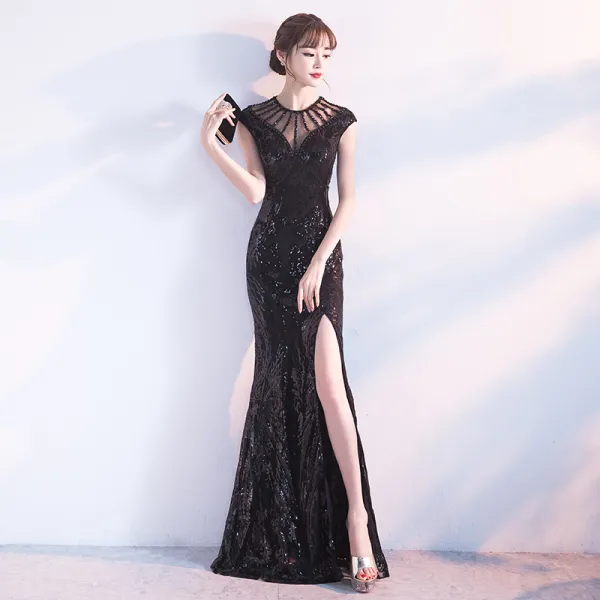 Modern / Fashion Black Evening Dresses  2017 Trumpet / Mermaid Scoop Neck Sleeveless Beading Sequins Split Front Floor-Length / Long Pierced Backless Formal Dresses