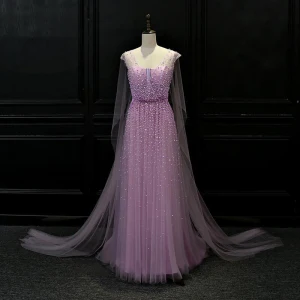 Luxe Lilas Transparentes Robe De Soirée 2018 Princesse V Cou Perlage Watteau Train Volants Dos Nu Robe De Ceremonie