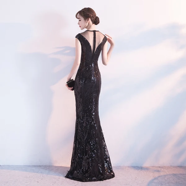Modern / Fashion Black Evening Dresses 2017 Trumpet / Mermaid Scoop Neck Sleeveless Beading Sequins Split Front Floor-Length / Long Pierced Backless Formal Dresses