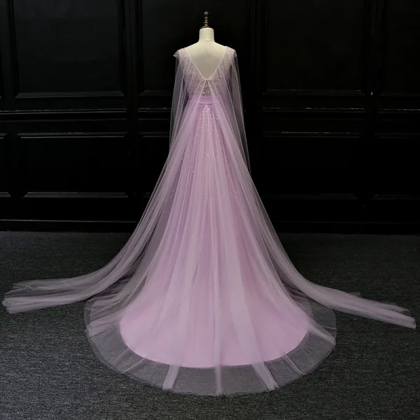 Luxury / Gorgeous Lilac See-through Evening Dresses 2018 A-Line / Princess V-Neck Beading Watteau Train Ruffle Backless Formal Dresses