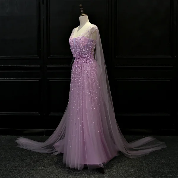 Luxury / Gorgeous Lilac See-through Evening Dresses 2018 A-Line / Princess V-Neck Beading Watteau Train Ruffle Backless Formal Dresses