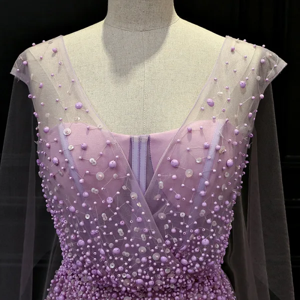 Luxury / Gorgeous Lilac See-through Evening Dresses 2018 A-Line / Princess V-Neck Beading Watteau Train Ruffle Backless Formal Dresses