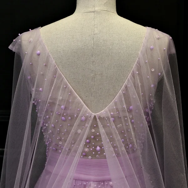Luxury / Gorgeous Lilac See-through Evening Dresses 2018 A-Line / Princess V-Neck Beading Watteau Train Ruffle Backless Formal Dresses