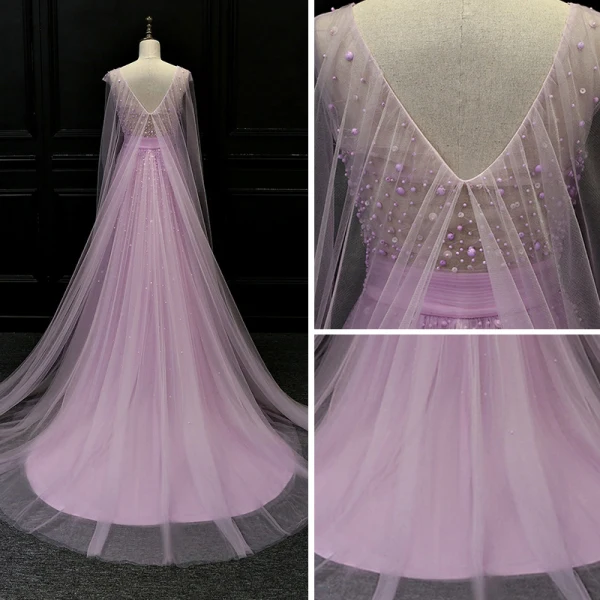 Luxury / Gorgeous Lilac See-through Evening Dresses 2018 A-Line / Princess V-Neck Beading Watteau Train Ruffle Backless Formal Dresses