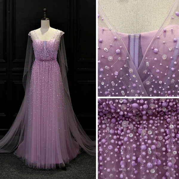 Luxury / Gorgeous Lilac See-through Evening Dresses 2018 A-Line / Princess V-Neck Beading Watteau Train Ruffle Backless Formal Dresses