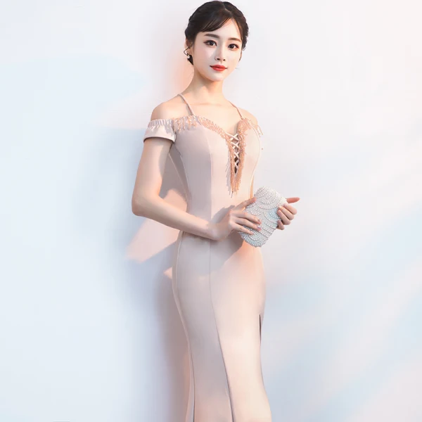 Modern / Fashion Champagne Evening Dresses 2018 Trumpet / Mermaid Spaghetti Straps Strapless Short Sleeve Beading Split Front Floor-Length / Long Ruffle Backless Formal Dresses