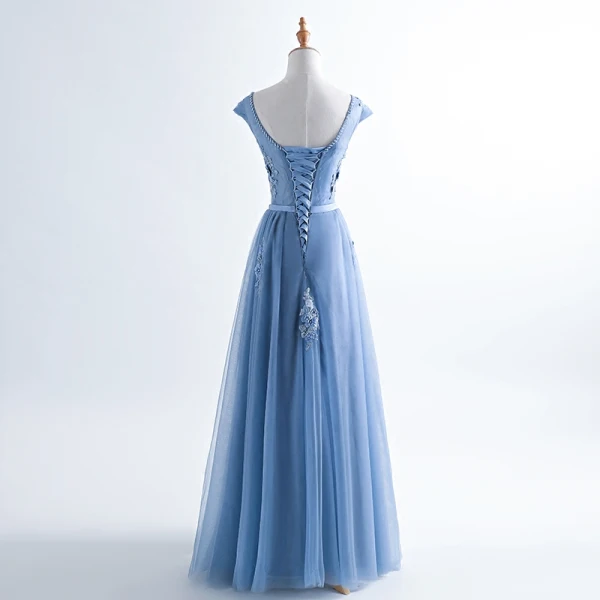 Chic / Beautiful Ocean Blue Evening Dresses 2017 A-Line / Princess Pearl Scoop Neck Sleeveless Appliques Flower Beading Sash Floor-Length / Long Ruffle Backless