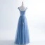 Chic / Beautiful Ocean Blue Evening Dresses  2017 A-Line / Princess Pearl Scoop Neck Sleeveless Appliques Flower Beading Sash Floor-Length / Long Ruffle Backless