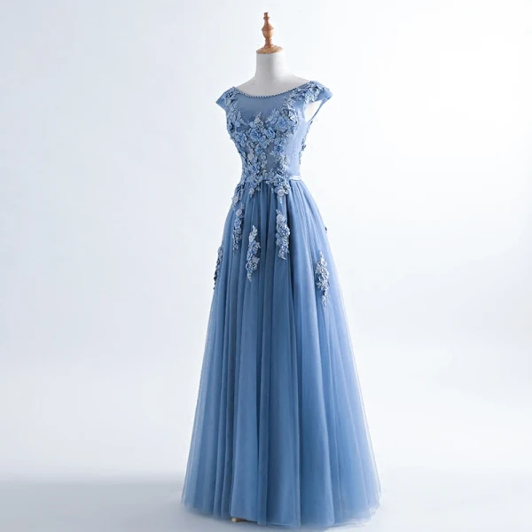 Chic / Beautiful Ocean Blue Evening Dresses 2017 A-Line / Princess Pearl Scoop Neck Sleeveless Appliques Flower Beading Sash Floor-Length / Long Ruffle Backless