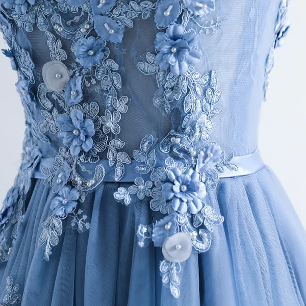 Chic / Beautiful Ocean Blue Evening Dresses 2017 A-Line / Princess Pearl Scoop Neck Sleeveless Appliques Flower Beading Sash Floor-Length / Long Ruffle Backless