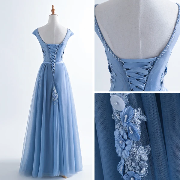Chic / Beautiful Ocean Blue Evening Dresses 2017 A-Line / Princess Pearl Scoop Neck Sleeveless Appliques Flower Beading Sash Floor-Length / Long Ruffle Backless