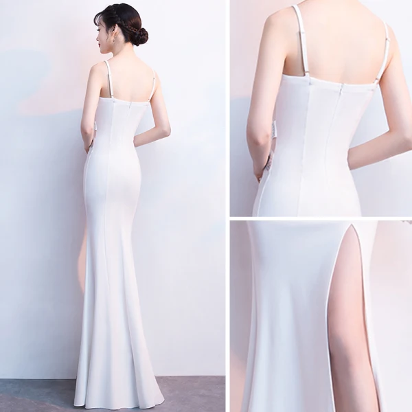 Sexy Weiß Abendkleider 2018 Mermaid Spaghettiträger Ärmellos Strass Gespaltete Front Lange Rüschen Rückenfreies Festliche Kleider