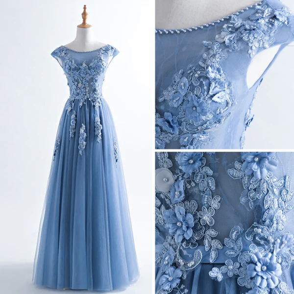 Chic / Beautiful Ocean Blue Evening Dresses 2017 A-Line / Princess Pearl Scoop Neck Sleeveless Appliques Flower Beading Sash Floor-Length / Long Ruffle Backless