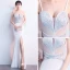 Sexy Weiß Abendkleider 2018 Mermaid Spaghettiträger Ärmellos Strass Gespaltete Front Lange Rüschen Rückenfreies Festliche Kleider