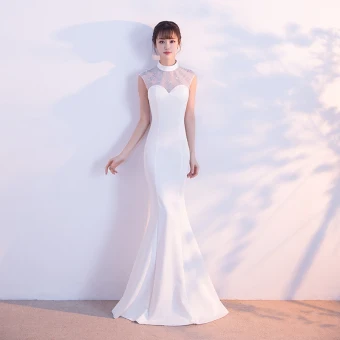 Vintage Originale Blanche Robe De Soirée 2017 Trompette Sirène Col Haut Sans Manches Faux Diamant Longue Volants Percé Robe De Ceremonie