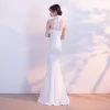 Vintage White Evening Dresses  2017 Trumpet / Mermaid High Neck Sleeveless Rhinestone Floor-Length / Long Ruffle Pierced Formal Dresses