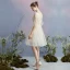 Modern / Fashion Champagne Spotted Homecoming Graduation Dresses 2018 A-Line / Princess High Neck 3/4 Sleeve Appliques Lace Knee-Length Ruffle Backless Formal Dresses