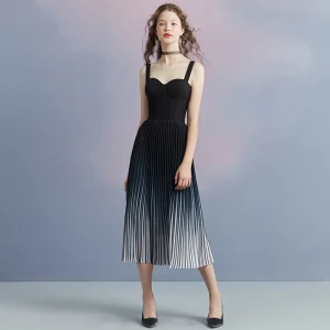 Modest Simple Black Gradient Color Navy Blue Georgette Evening Dresses 2018 A Line Princess Shoulders Sleeveless Tea Length Pleated Backless Formal Dresses