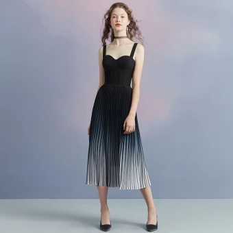 Modest Simple Black Gradient Color Navy Blue Georgette Evening Dresses 2018 A Line Princess Shoulders Sleeveless Tea Length Pleated Backless Formal Dresses