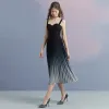 Modest / Simple Black Gradient-Color Navy Blue Georgette Evening Dresses  2018 A-Line / Princess Shoulders Sleeveless Tea-length Pleated Backless Formal Dresses