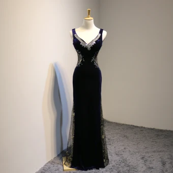 Sexy Bleu Marine Transparentes Daim Robe De Soirée 2018 Trompette Sirène V Cou Sans Manches Perlage Faux Diamant Longue Dos Nu Robe De Ceremonie