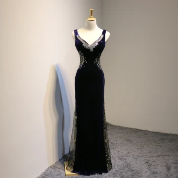 Sexy Bleu Marine Transparentes Daim Robe De Soirée 2018 Trompette Sirène V Cou Sans Manches Perlage Faux Diamant Longue Dos Nu Robe De Ceremonie