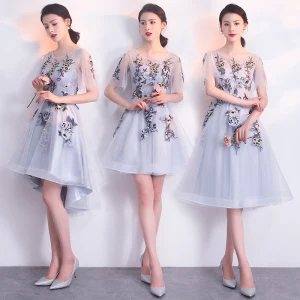 Elegant Grey Bridesmaid Dresses 2018 A Line Princess Scoop Neck Short Sleeve Appliques Lace Flower Ruffle Backless Wedding Party Dresses