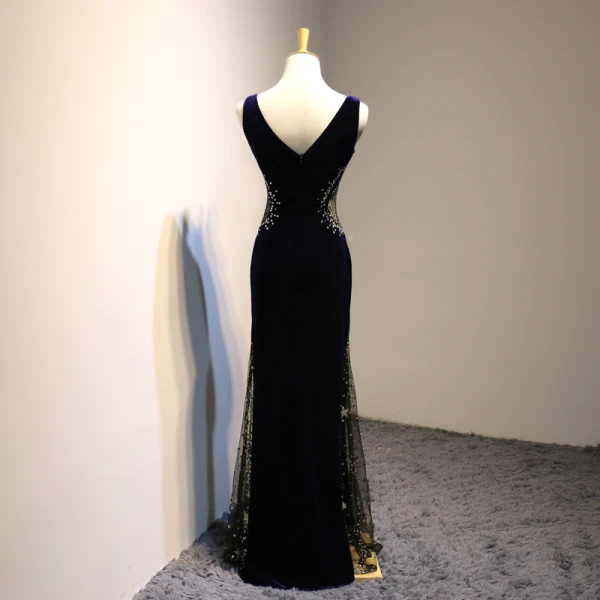 Sexy Bleu Marine Transparentes Daim Robe De Soirée 2018 Trompette / Sirène V-Cou Sans Manches Perlage Faux Diamant Longue Dos Nu Robe De Ceremonie