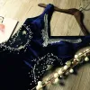 Sexy Marineblau Durchsichtige Wildleder Abendkleider 2018 Mermaid V-Ausschnitt Ärmellos Perlenstickerei Strass Lange Rückenfreies Festliche Kleider