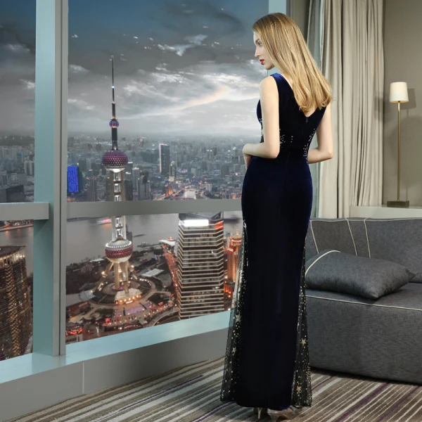 Sexy Bleu Marine Transparentes Daim Robe De Soirée 2018 Trompette / Sirène V-Cou Sans Manches Perlage Faux Diamant Longue Dos Nu Robe De Ceremonie