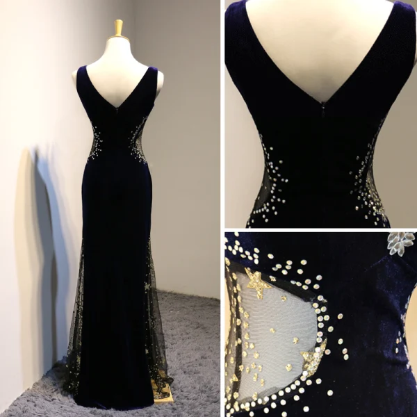 Sexy Bleu Marine Transparentes Daim Robe De Soirée 2018 Trompette / Sirène V-Cou Sans Manches Perlage Faux Diamant Longue Dos Nu Robe De Ceremonie