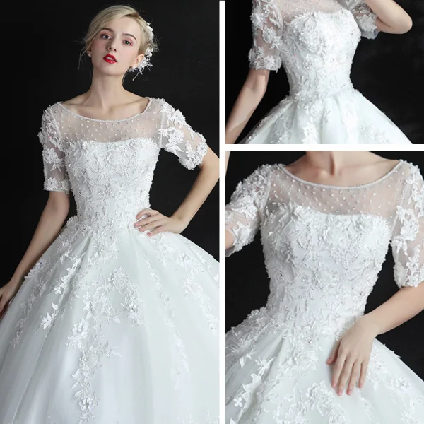 Chic / Belle Salle Robe De Mariée 2017 En Dentelle Appliques Perle Paillettes Encolure Dégagée Manches Courtes Dos Nu Longue Blanche Robe Boule