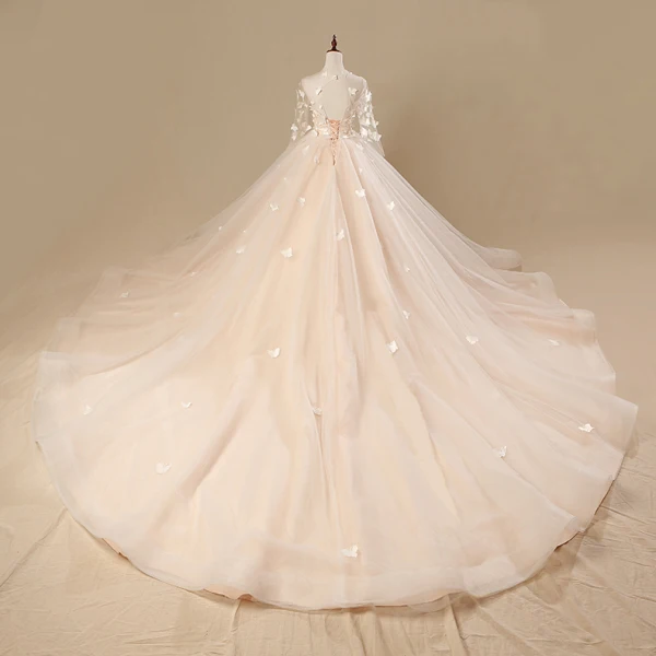 Chic / Beautiful Champagne Wedding Dresses 2018 Ball Gown Butterfly Scoop Neck Backless 1/2 Sleeves Royal Train Wedding