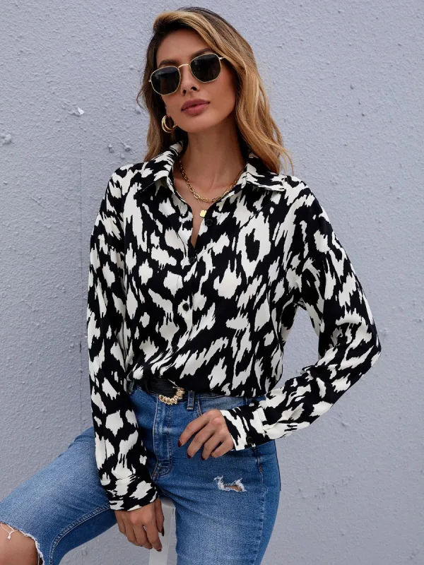Fashion Summer Black Chiffon Casual Blouses 2021 Lapel Long Sleeve Spotted Loose Women's Tops