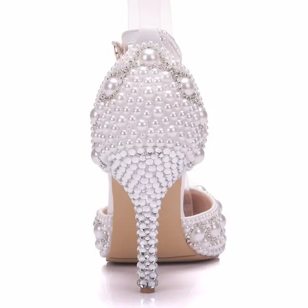 Modern / Fashion White Wedding Shoes 2018 Pearl Rhinestone Ankle Strap 9 cm Stiletto Heels Pointed Toe High Heels Wedding