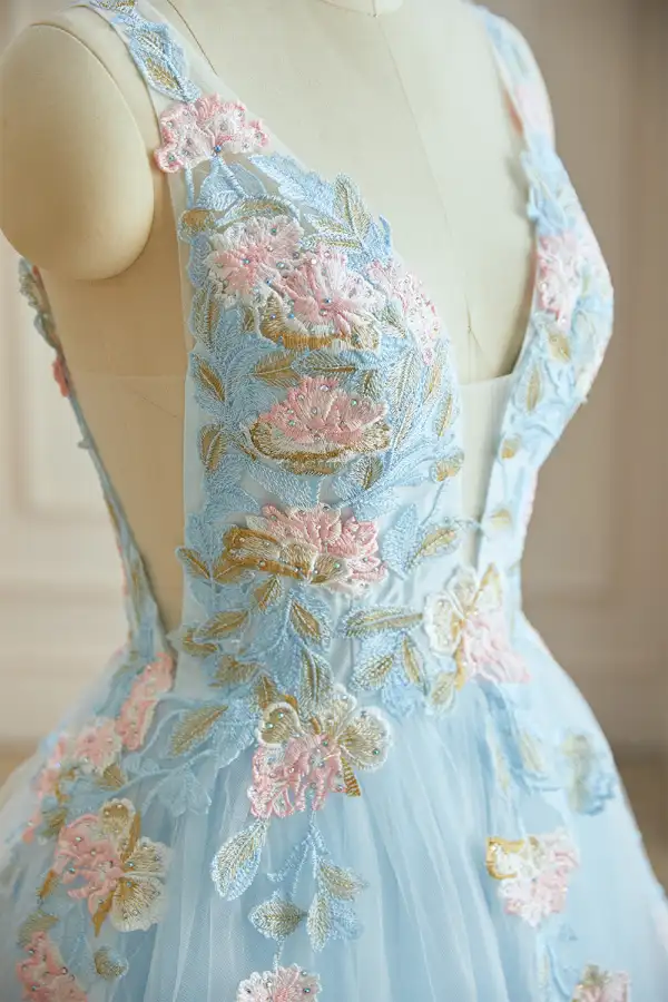 Flower Fairy Sky Blue 3D Lace Prom Dresses 2024 Crossed Straps Floor-Length  / Long V-Neck