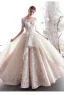 Luxury / Gorgeous Champagne Wedding Dresses 2019 A-Line / Princess Scoop Neck Beading Lace Flower 1/2 Sleeves Backless Floor-Length / Long