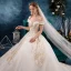 Stilig Champagne Bröllopsklänningar 2019 Prinsessa Av Axeln Beading Rhinestone Paljetter Spets Blomma Korta ärm Halterneck Royal Train