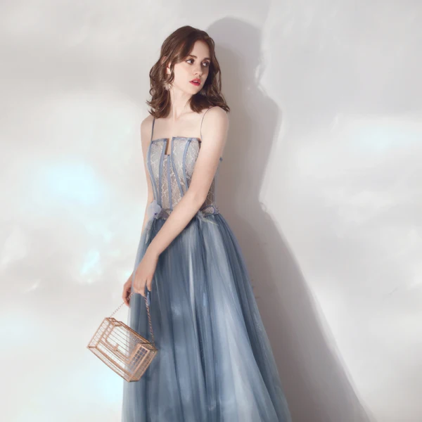 Charming Ocean Blue Prom Dresses 2019 A-Line / Princess Unusual Spaghetti Straps Lace Flower Appliques Sleeveless Backless Floor-Length / Long Formal Dresses