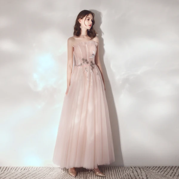 Élégant Rougissant Rose Robe De Soirée 2019 Princesse Volants Bustier En Dentelle Fleur Sans Manches Dos Nu Longueur Cheville Robe De Ceremonie