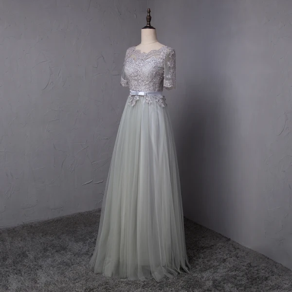 Abordable Gris Robe De Bal 2018 Princesse Noeud En Dentelle Fleur Encolure Dégagée Manches Courtes Longue Robe De Ceremonie