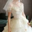 Luxury / Gorgeous Champagne Wedding Dresses 2019 Ball Gown Off-The-Shoulder Beading Pearl Crystal Tassel Lace Flower Short Sleeve Backless Cascading Ruffles Cathedral Train