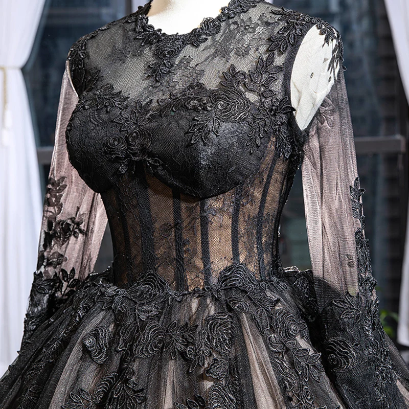 Luxury Gorgeous Black Prom Dresses 2019 A Line Princess Scoop Neck Lace  Flower Long Sleeve Cathedral Train Formal Dresses