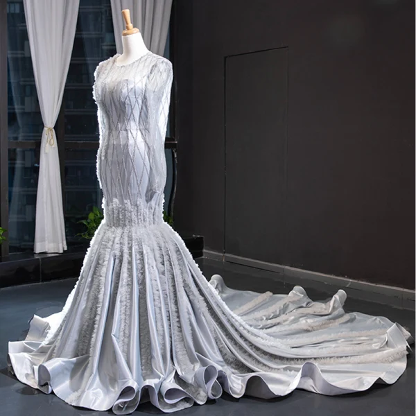 Elegant Silver Evening Dresses 2019 Trumpet / Mermaid Scoop Neck Beading Long Sleeve Backless Cathedral Train Formal Dresses